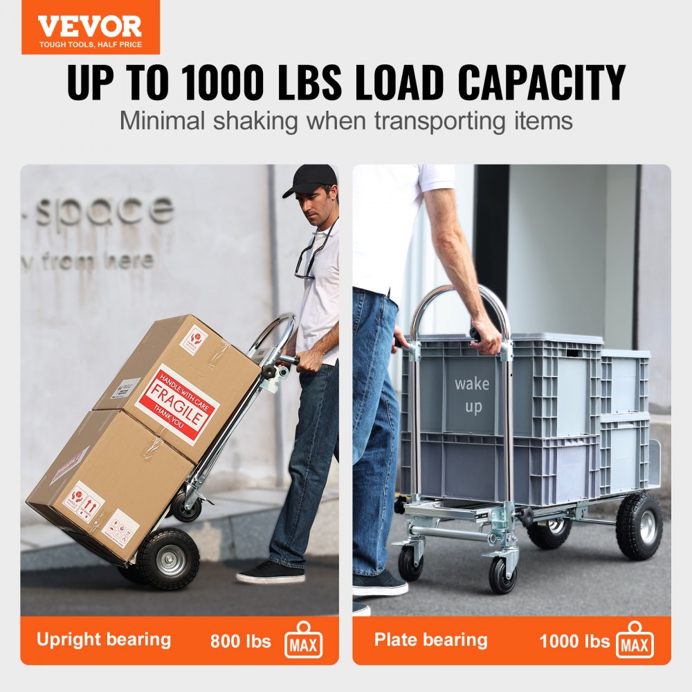 Aluminum Folding Hand Truck, 4 in 1 Design 1000 lbs Capacity, Heavy Duty Industrial Collapsible cart, Dolly Cart with Rubber Wheels for Transport and Moving in Warehouse, Supermarket, Garden