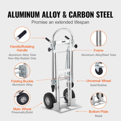 Aluminum Folding Hand Truck, 4 in 1 Design 1000 lbs Capacity, Heavy Duty Industrial Collapsible cart, Dolly Cart with Rubber Wheels for Transport and Moving in Warehouse, Supermarket, Garden