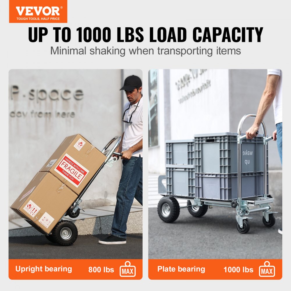Aluminum Folding Hand Truck, 2 in 1 Design 1000 lbs Capacity, Heavy Duty Industrial Collapsible cart, Dolly Cart with Rubber Wheels for Transport and Moving in Warehouse, Supermarket, Garden