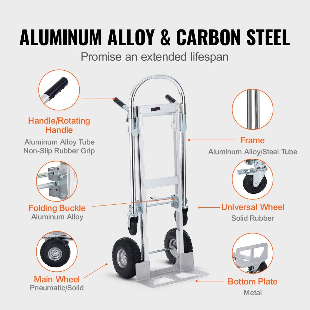Aluminum Folding Hand Truck, 2 in 1 Design 1000 lbs Capacity, Heavy Duty Industrial Collapsible cart, Dolly Cart with Rubber Wheels for Transport and Moving in Warehouse, Supermarket, Garden