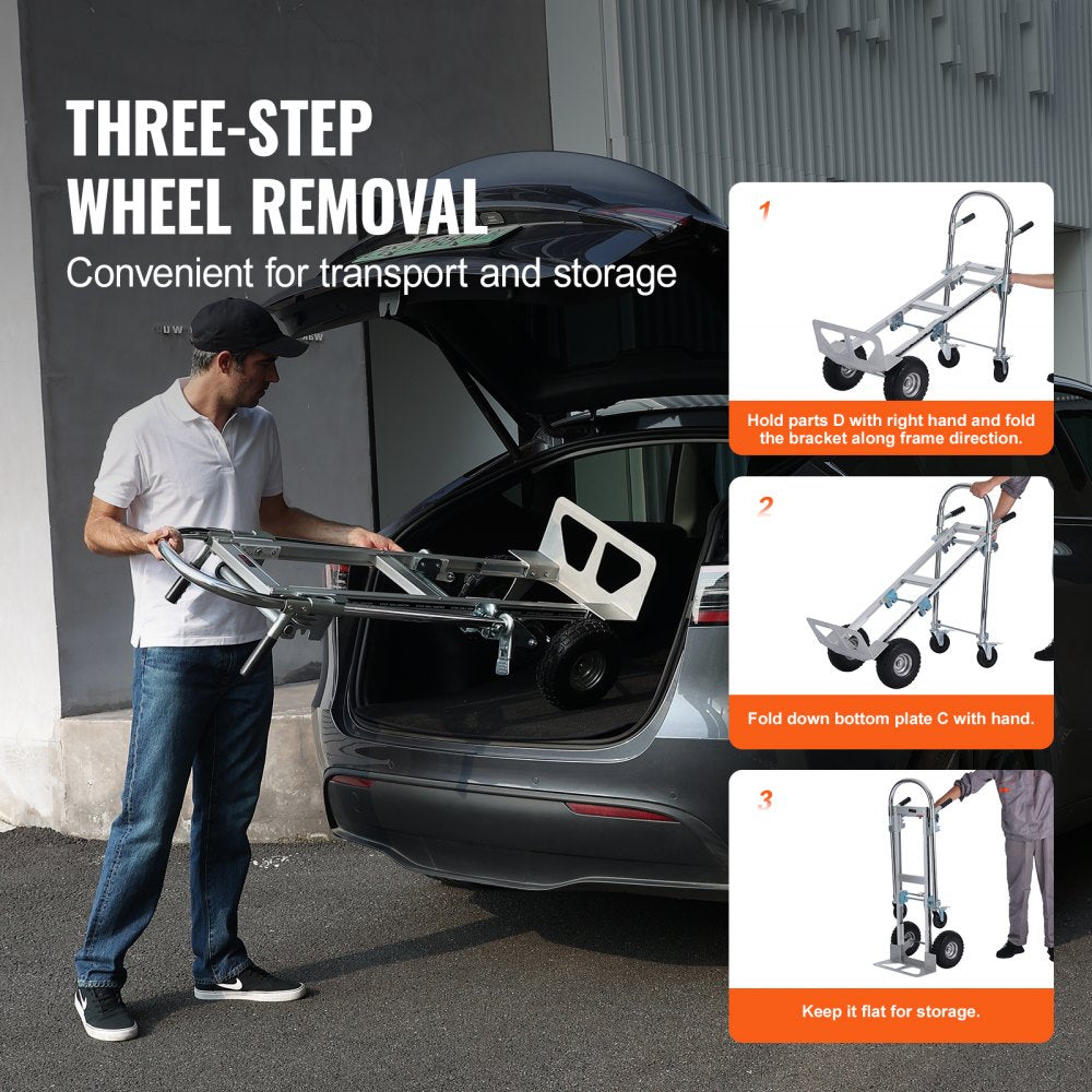 Aluminum Folding Hand Truck, 2 in 1 Design 1000 lbs Capacity, Heavy Duty Industrial Collapsible cart, Dolly Cart with Rubber Wheels for Transport and Moving in Warehouse, Supermarket, Garden