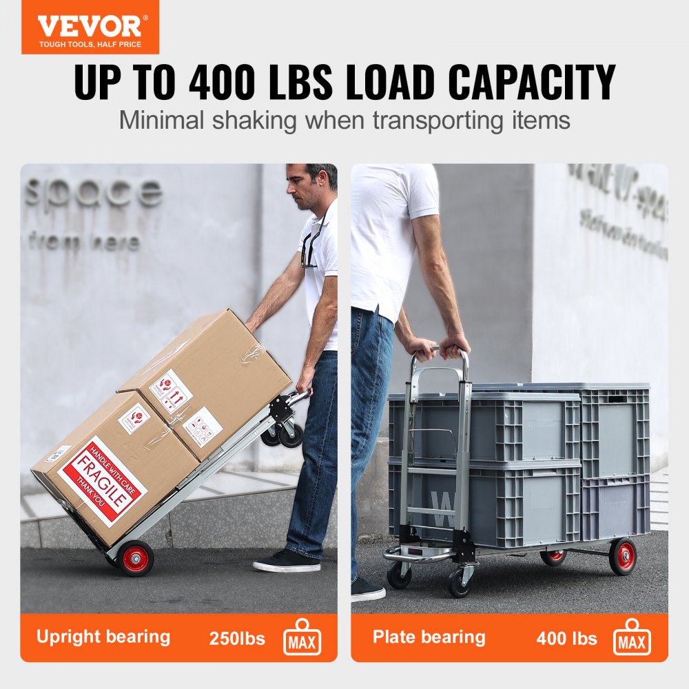 Aluminum Folding Hand Truck, 2 in 1 Design 400 lbs Capacity, Heavy Duty Industrial Collapsible cart, Dolly Cart with Rubber Wheels for Transport and Moving in Warehouse, Supermarket, Garden