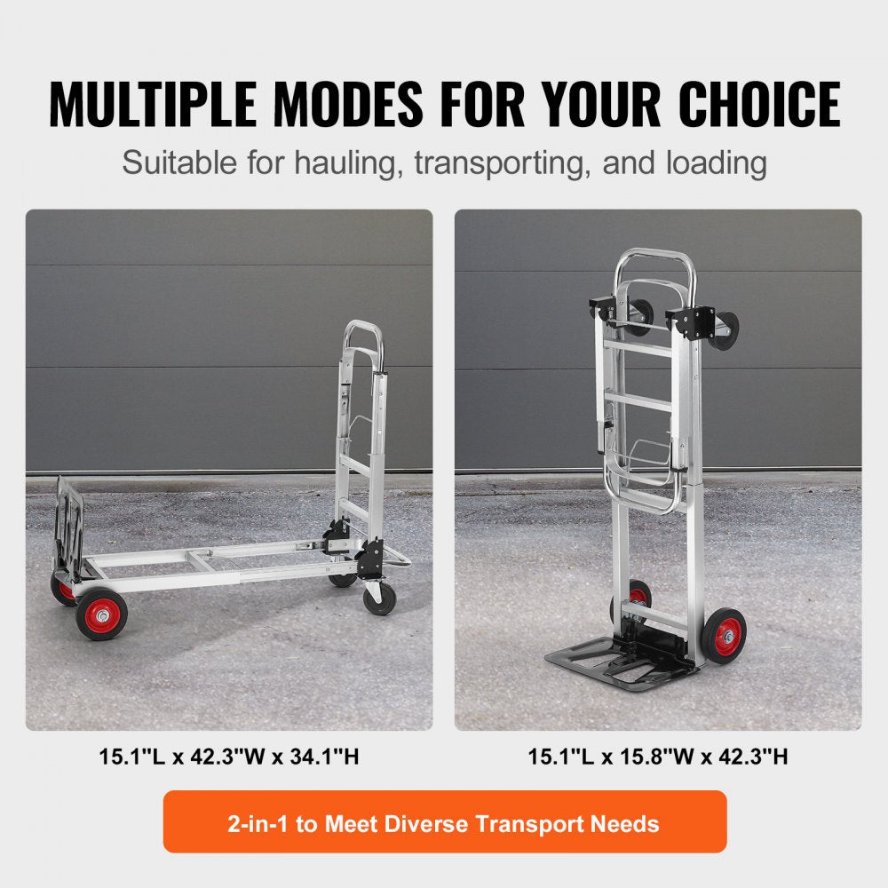 Aluminum Folding Hand Truck, 2 in 1 Design 400 lbs Capacity, Heavy Duty Industrial Collapsible cart, Dolly Cart with Rubber Wheels for Transport and Moving in Warehouse, Supermarket, Garden
