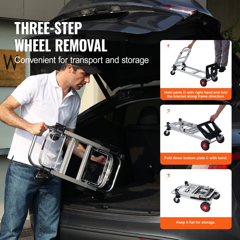 Aluminum Folding Hand Truck, 2 in 1 Design 400 lbs Capacity, Heavy Duty Industrial Collapsible cart, Dolly Cart with Rubber Wheels for Transport and Moving in Warehouse, Supermarket, Garden