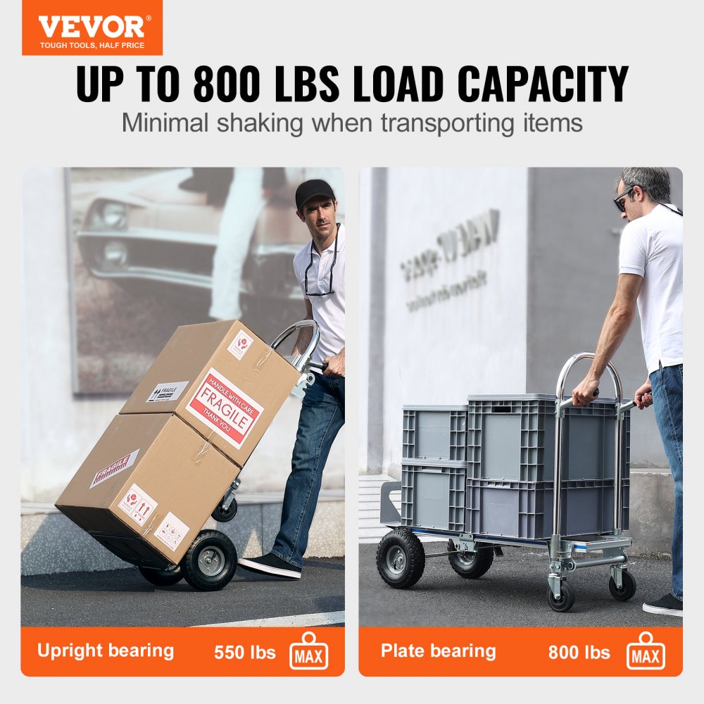 Aluminum Hand Truck, 2 in 1, 800 lbs Load Capacity, Heavy Duty Industrial Convertible Folding Hand Truck and Dolly, Utility Cart Converts from Hand Truck to Platform Cart with Rubber Wheels