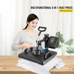 Heat Press Machine, 12X15 Inch 6 in 1 Combo Digital Multifunctional Sublimation Heat Transfer Machine, 360 Degree Rotation Swing Away Heat Press for Printing T Shirts Hat Mug Cap Plate 1050W