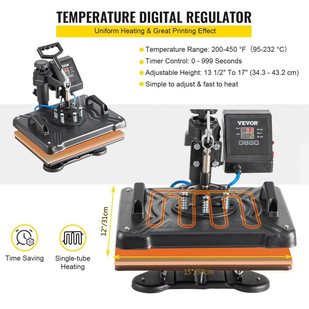 Heat Press Machine, 12X15 Inch 6 in 1 Combo Digital Multifunctional Sublimation Heat Transfer Machine, 360 Degree Rotation Swing Away Heat Press for Printing T Shirts Hat Mug Cap Plate 1050W