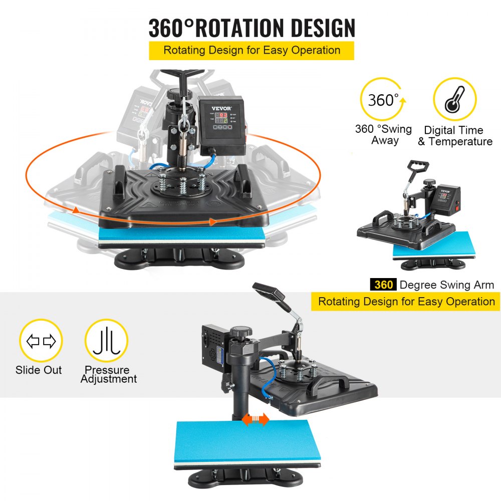 Heat Press Machine, 12X15 Inch 6 in 1 Combo Digital Multifunctional Sublimation Heat Transfer Machine, 360 Degree Rotation Swing Away Heat Press for Printing T Shirts Hat Mug Cap Plate 1050W