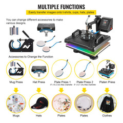 Heat Press Machine, 12X15 Inch 6 in 1 Combo Digital Multifunctional Sublimation Heat Transfer Machine, 360 Degree Rotation Swing Away Heat Press for Printing T Shirts Hat Mug Cap Plate 1050W