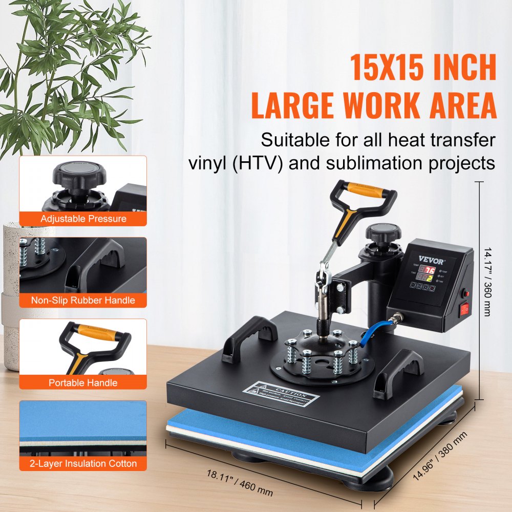 Bostome 6-in-1 heat press machine with a 15"x15" Teflon-coated platen and digital controls.