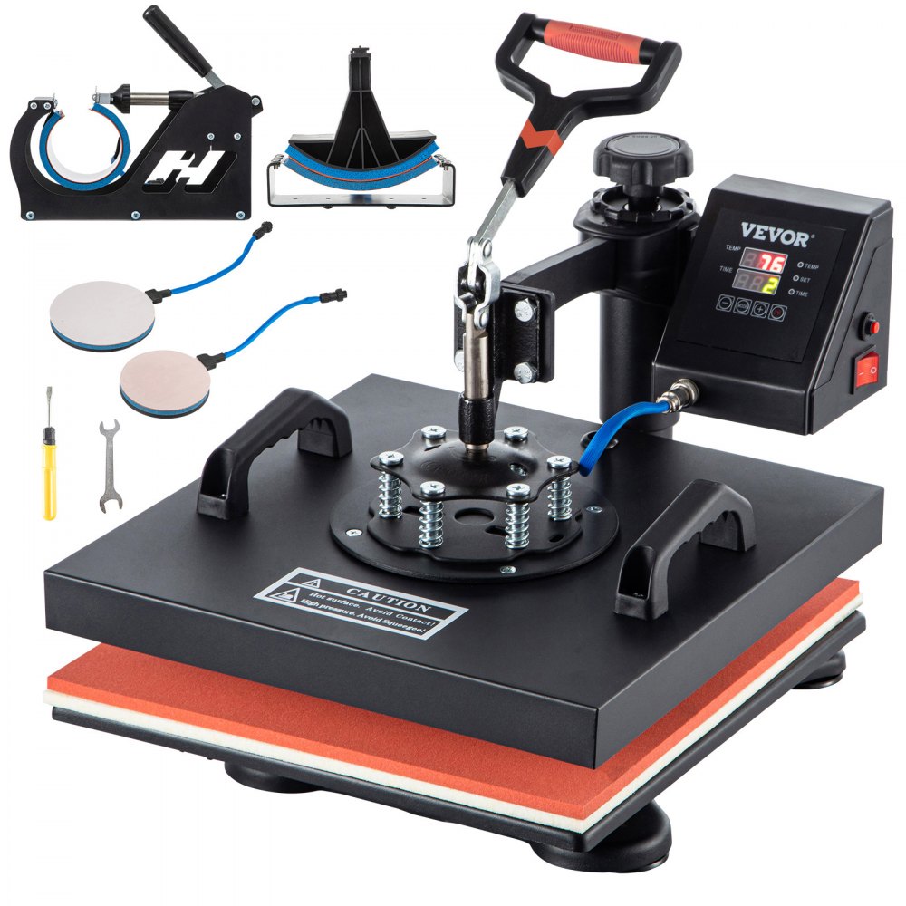 A black 5-in-1 heat press machine with multiple attachments and tools.