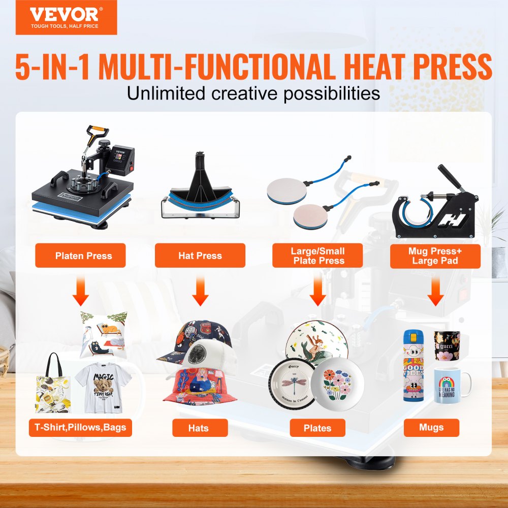 5-in-1 heat press machine with clamshell design, 15x15 platen, and attachments for hats, mugs, and plates.