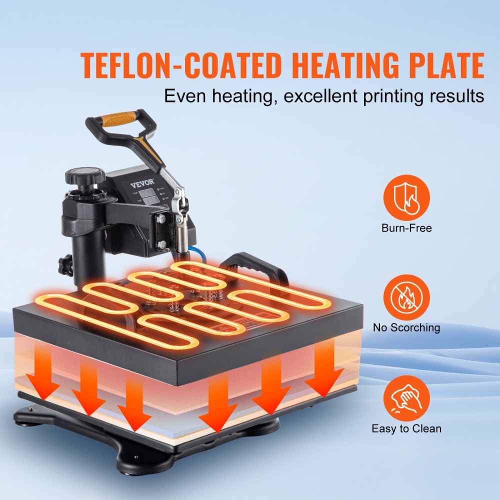 Digital clamshell heat press machine with 15x15 Teflon-coated platen, handle, and attachments.