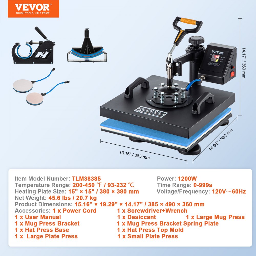 5-in-1 15x15 digital clamshell heat press machine with mug, hat, and plate attachments.