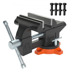 Black and orange 4.5 inch cast iron bench vise with anvil and 240-degree swivel base with bolts.