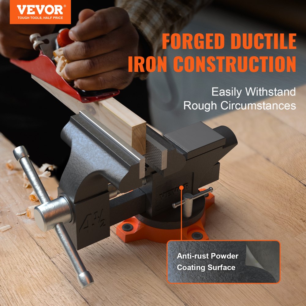 Cast iron 4.5" bench vise with anvil and 240° swivel base on wooden surface.
