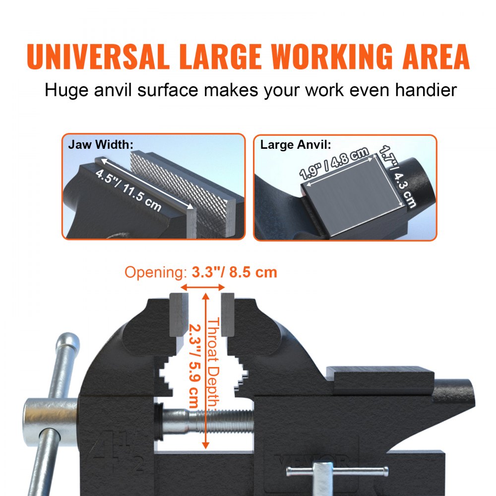 Cast iron bench vise with 4.5-inch jaws, anvil, and 240-degree swivel base, showing dimensions.