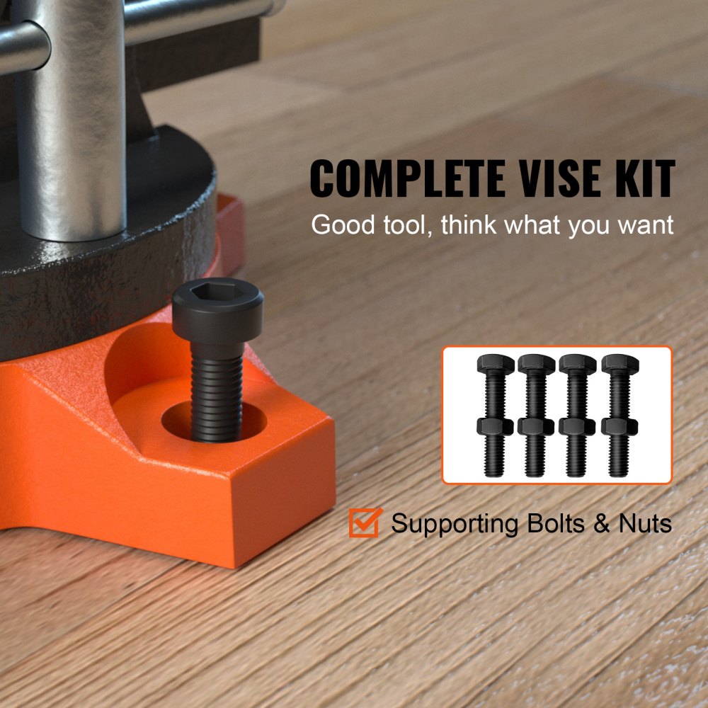 4.5-inch cast iron bench vise with anvil and 240-degree swivel base, including supporting bolts and nuts.
