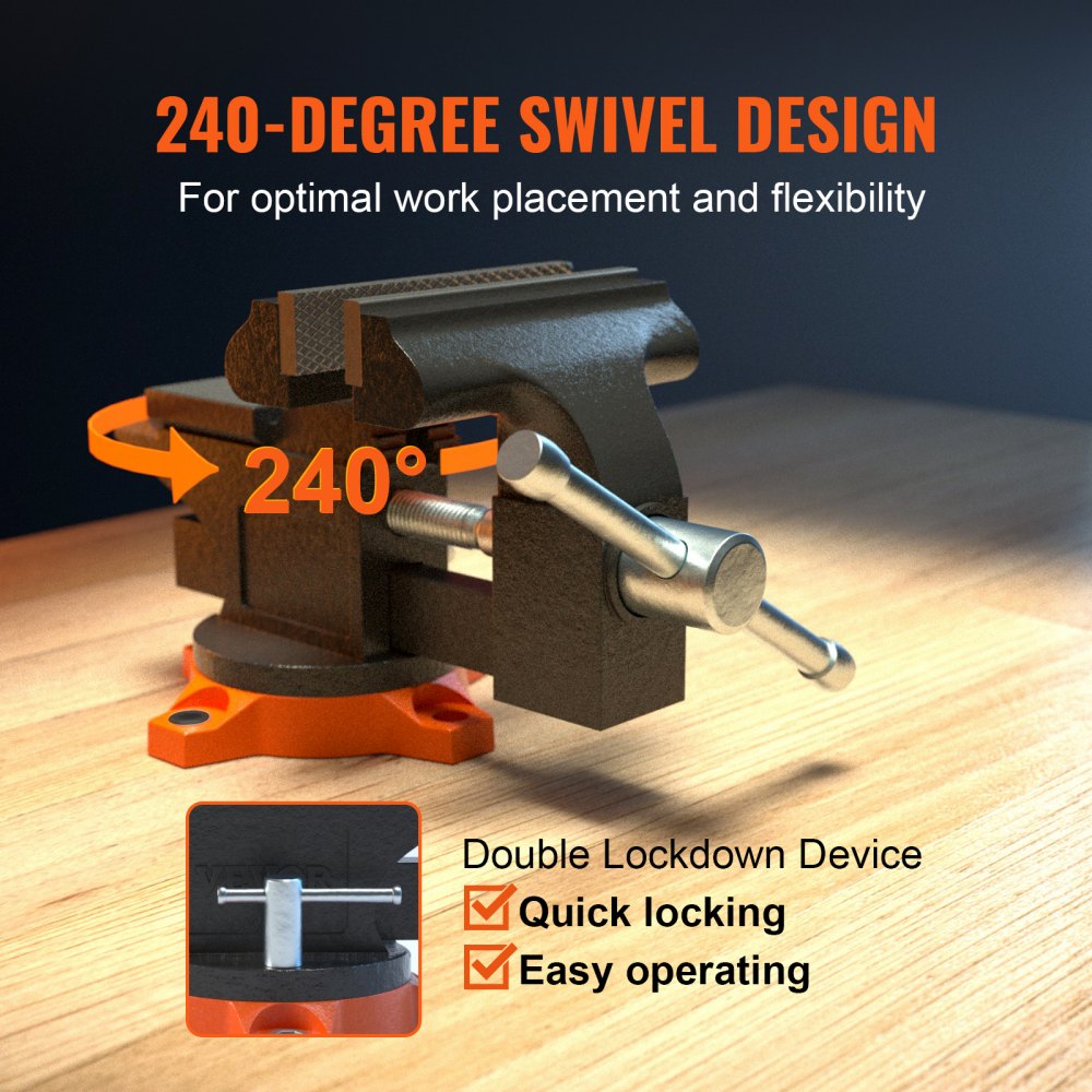 A 4.5-inch cast iron bench vise with anvil and 240-degree swivel base on a wooden surface.