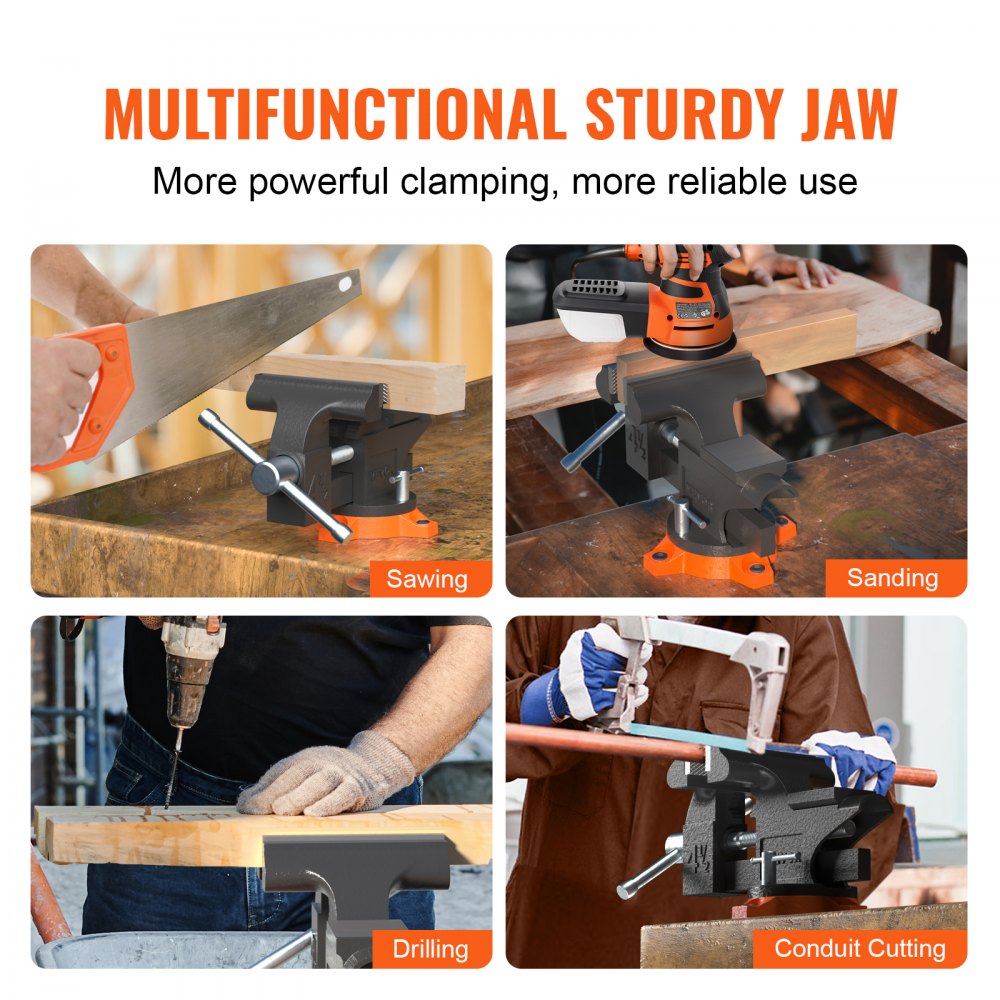 Bostome 4.5" cast iron bench vise with anvil and 240° swivel base clamping wood and metal.
