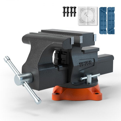 Bostome 6.5-inch ductile iron bench vise with 360-degree swivel base and accessories.