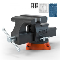 Bostome 6.5-inch ductile iron bench vise with 360-degree swivel base and accessories.