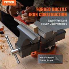 A 6.5-inch ductile iron bench vise with 360-degree swivel base, shown clamped to a wooden workpiece on a workbench.