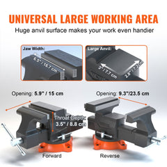 Bostome 6.5-inch ductile iron bench vise with 360-degree swivel base, showing forward and reverse jaw configurations.