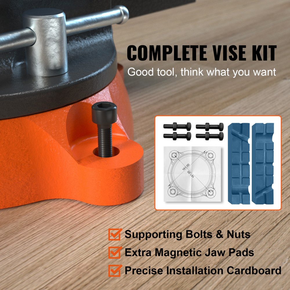 6.5-inch ductile iron bench vise with 360-degree swivel base on wooden surface.
