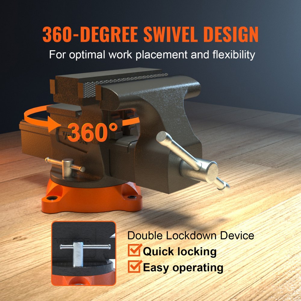 6.5-inch ductile iron bench vise with 360-degree swivel base and double lock.