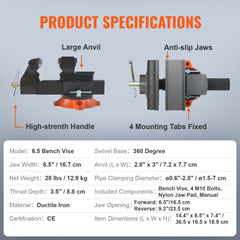 6.5-inch ductile iron bench vise with 360-degree swivel base, anti-slip jaws, and mounting tabs.