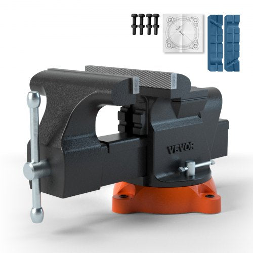 Heavy-duty 6-inch bench vise made of ductile iron with a 360° swivel base and replaceable jaws.