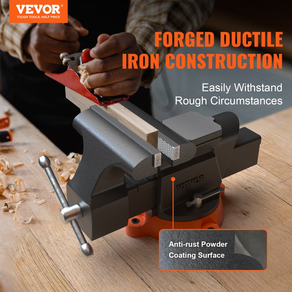 Heavy-duty 6" bench vise made of ductile iron with a 360° swivel base and replaceable jaws.