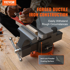 Heavy-duty 6" bench vise made of ductile iron with a 360° swivel base and replaceable jaws.