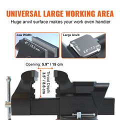 Heavy-duty 6-inch bench vise made of ductile iron with a 360° swivel base and serrated jaws.