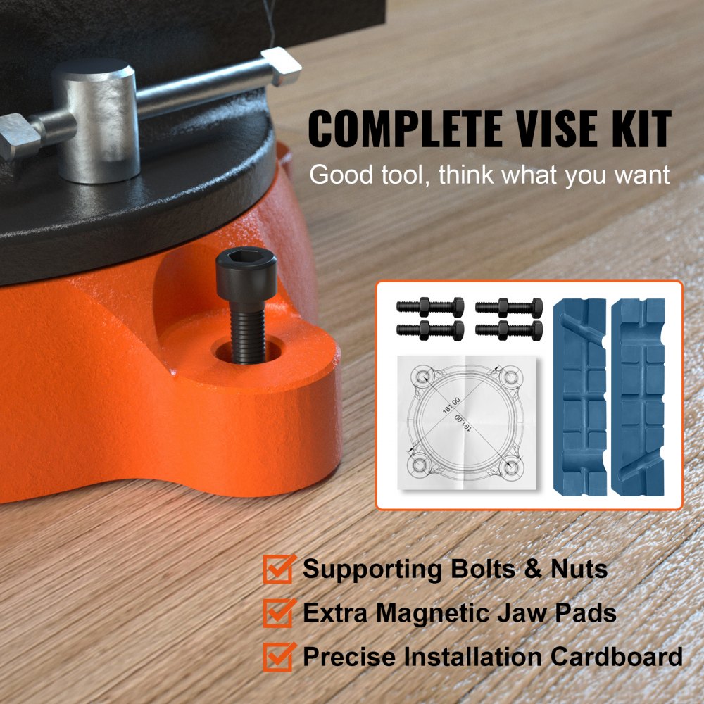 Heavy-duty 6-inch bench vise made of ductile iron with a 360° swivel base for easy positioning.
