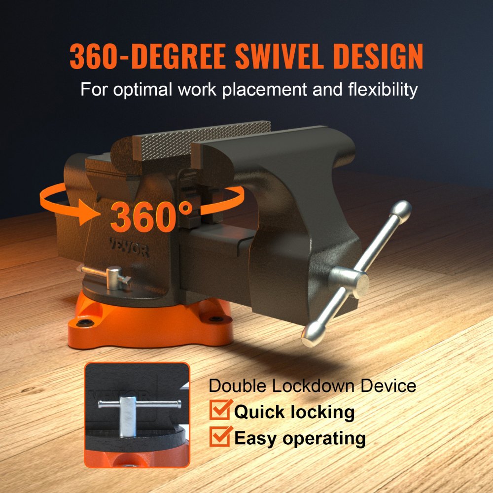 Heavy-duty 6-inch bench vise made of ductile iron with a 360° swivel base for versatile use.