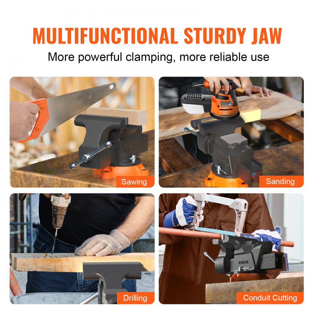 Heavy-duty 6-inch bench vise made of ductile iron with a 360° swivel base and replaceable jaws.