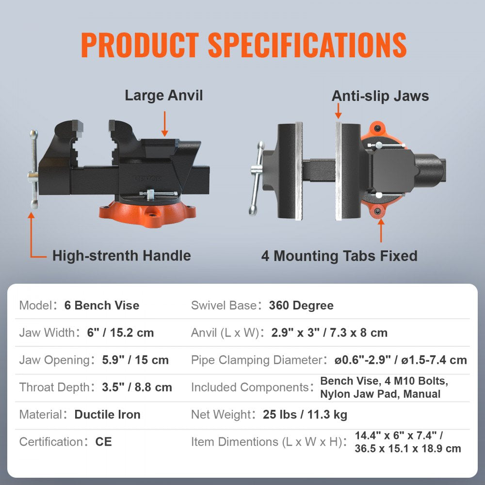 Heavy-duty 6-inch bench vise made of ductile iron with a 360° swivel base for easy positioning.