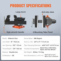 Heavy-duty 6-inch bench vise made of ductile iron with a 360° swivel base for easy positioning.