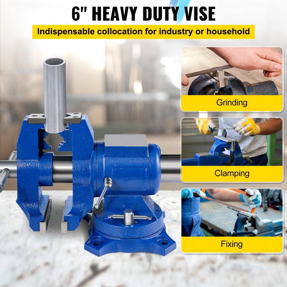 Bostome 6" heavy duty bench vise with 360° swivel head and ductile iron construction.