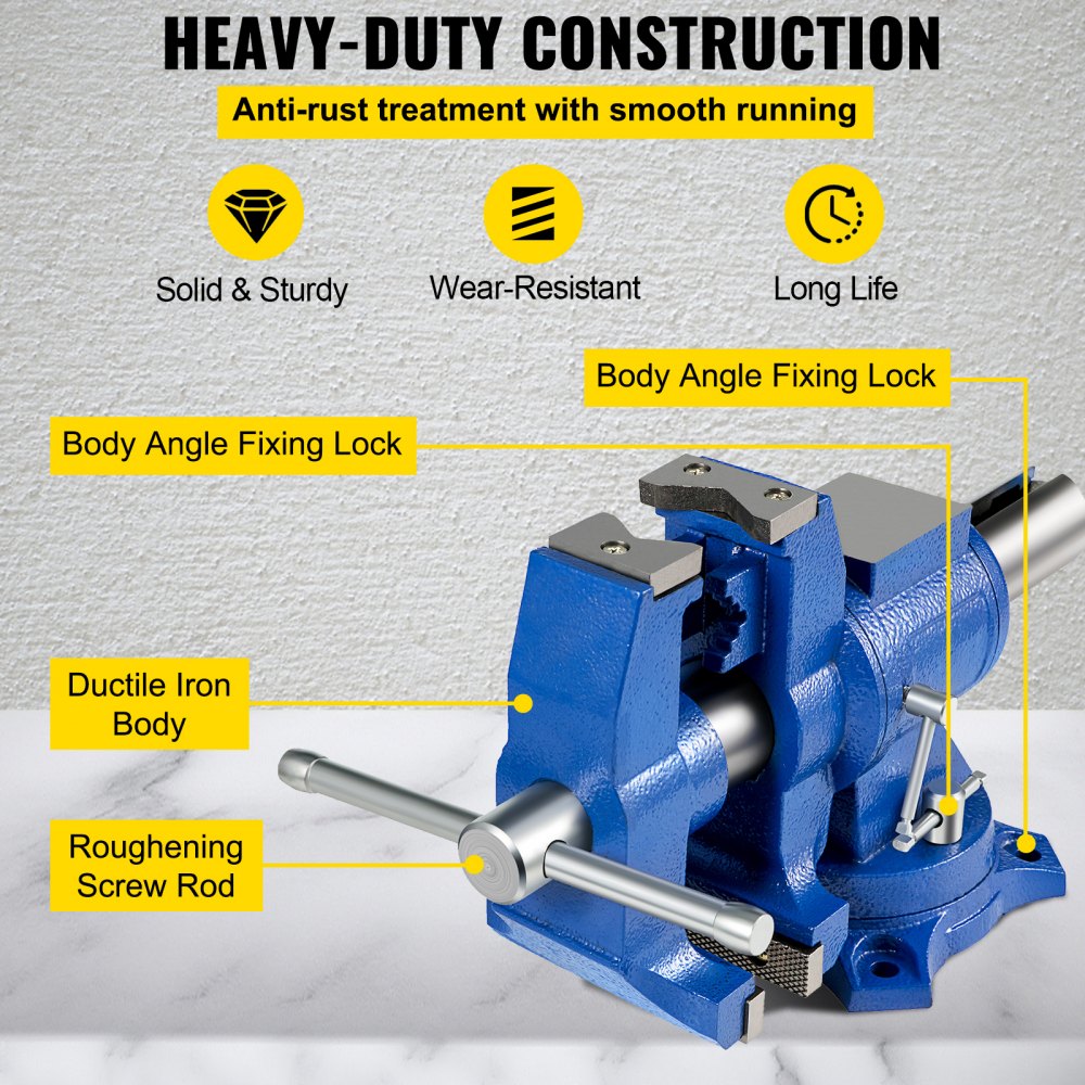Bostome 6" heavy duty bench vise with 360° swivel head and ductile iron construction.