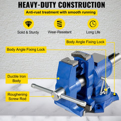 Bostome 6" heavy duty bench vise with 360° swivel head and ductile iron construction.