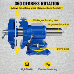 Bostome 6" heavy duty bench vise with 360° swivel head and ductile iron construction.