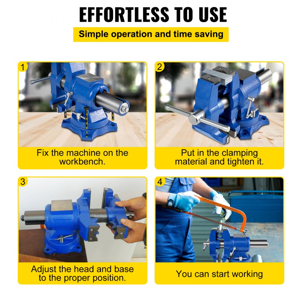 Bostome 6" heavy duty bench vise with 360° swivel head and ductile iron construction.