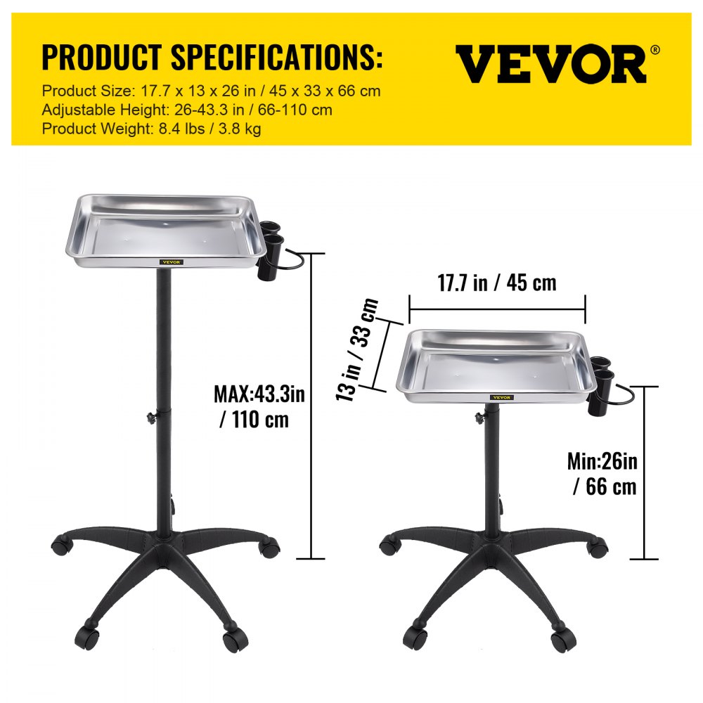 Mayo Stand Medical Tray, Height Adjustable Stainless Steel Salon Tray Easy Assemble Tattoo Cart Lab Tray with 2 Cups & 1 Metal Ring for SPA Clinic Personal Care Lab Hospital Dentistry, Silver