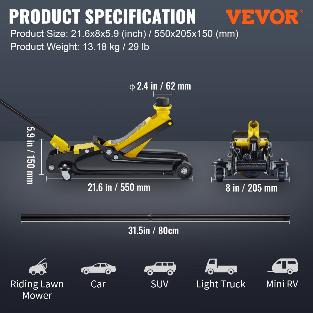 Low Profile Floor Jack 2.5 Ton Heavy Steel Single Piston Hydraulic Pump