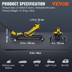Low Profile Floor Jack 2.5 Ton Heavy Steel Single Piston Hydraulic Pump