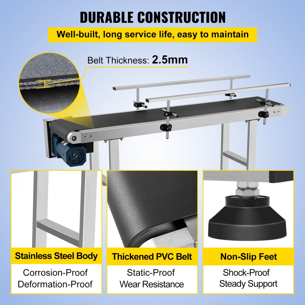 Belt Conveyor 59 x 7.8 inch Conveyor Table Heavy Duty Stainless Steel Motorized Belt Conveyor for Inkjet Coding Applications Powered Rubber PVC Belt Anti Static (Double Guardrail)