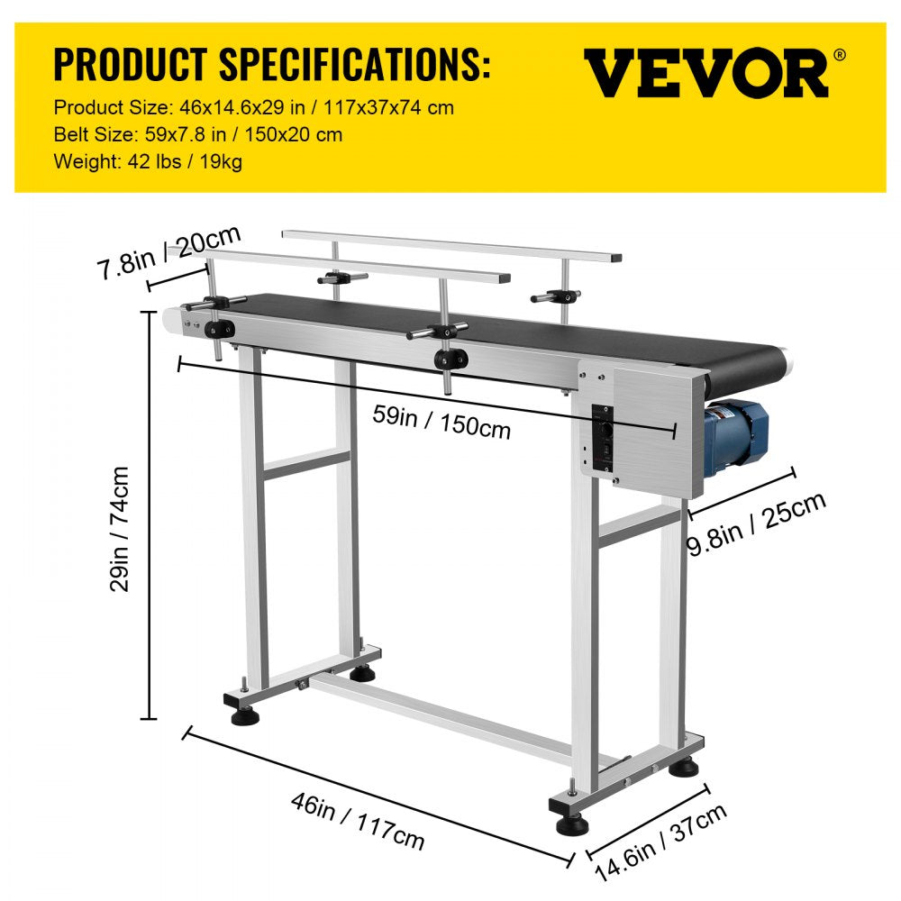 Belt Conveyor 59 x 7.8 inch Conveyor Table Heavy Duty Stainless Steel Motorized Belt Conveyor for Inkjet Coding Applications Powered Rubber PVC Belt Anti Static (Double Guardrail)